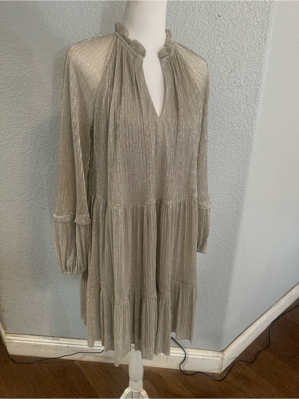 Grey Tiered Dress with Vertical Silver Threads
